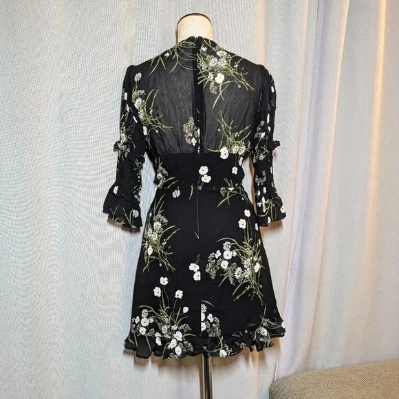 Reformation Black Mini Dress Laurelei Floral Cottagecore Deep V Size 0 - Picture 10 of 11